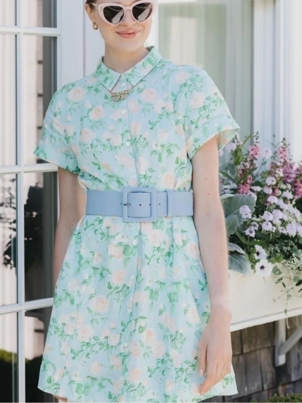 Hill House The Laura Short Sleeve Linen Dress in Blue Roses Print Sz Small Chic